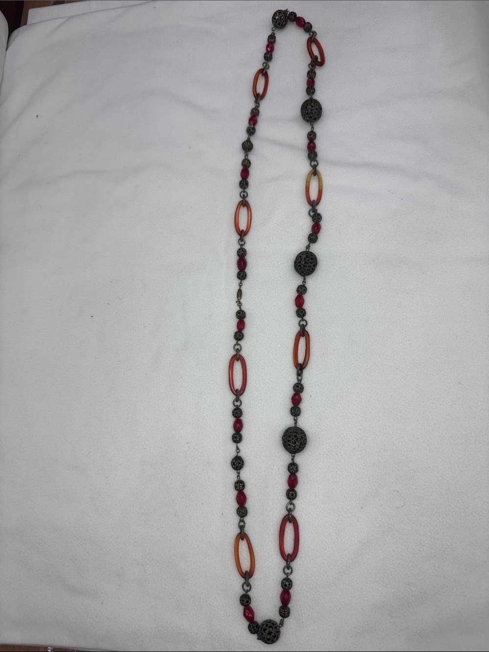 Long Red Bead and Filigree Necklace - Women Jewelry